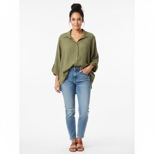Naïf Montreal $110 Olive Green Crinkle Textured Button down 3/4 sleeve top 1X